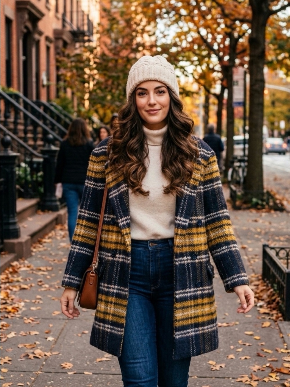 ZARA BASIC Plaid Wool Blend Double Breasted Peacoat Jacket Navy Yellow M